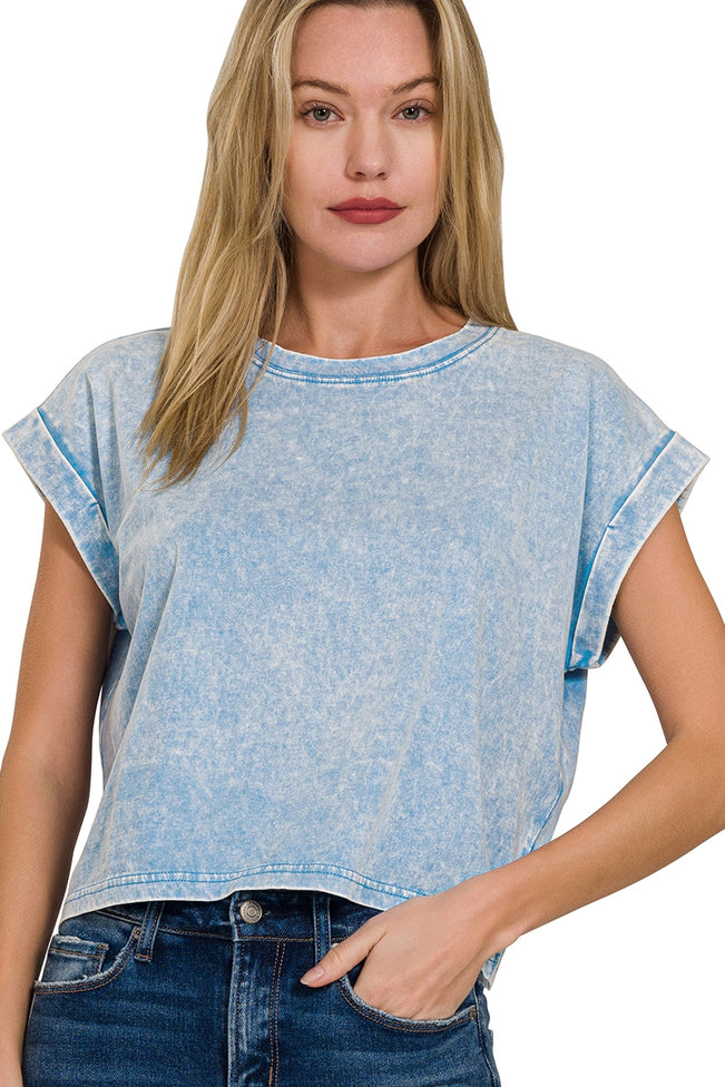 Malibu Washed Cotton Cuffed Short Sleeve Top - Ocean Blue