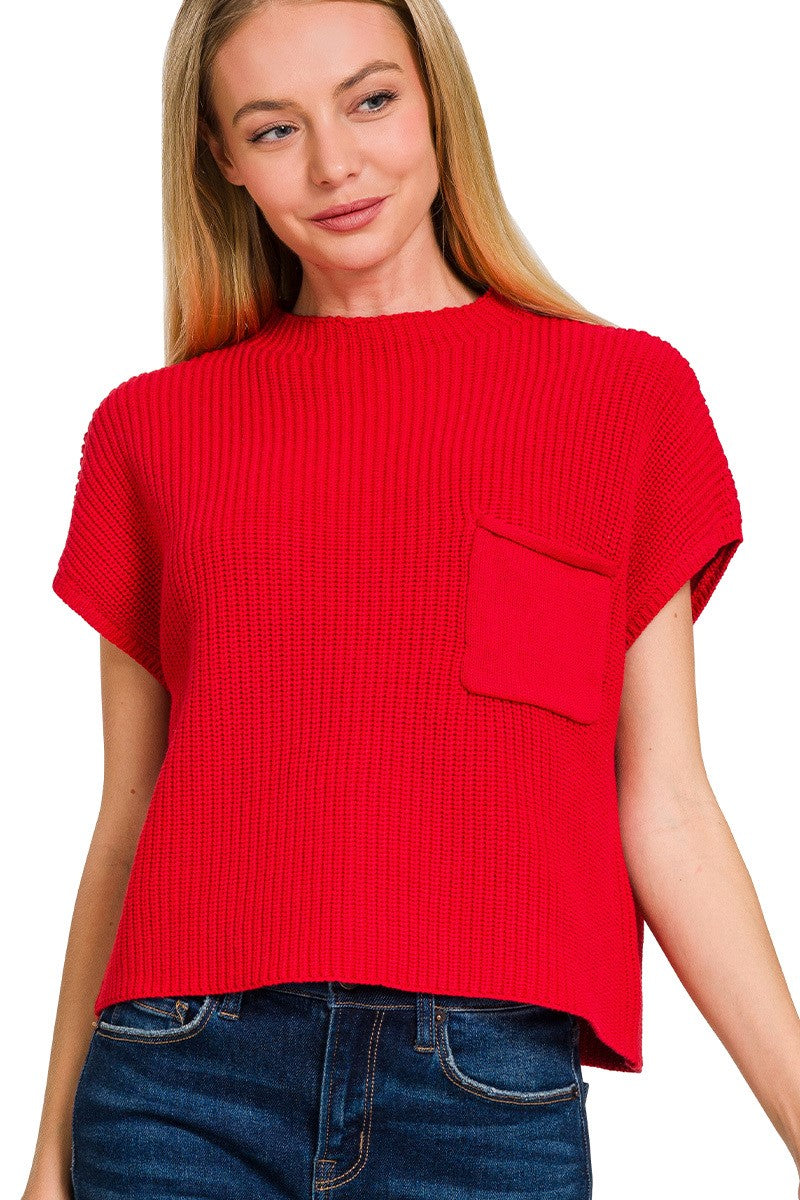 Short Sleeve Red Sweater Top