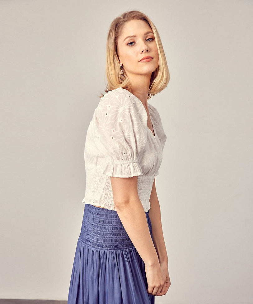 Belle Puff Sleeve Flower Eyelet Lace Crop Top - White Boho Chic