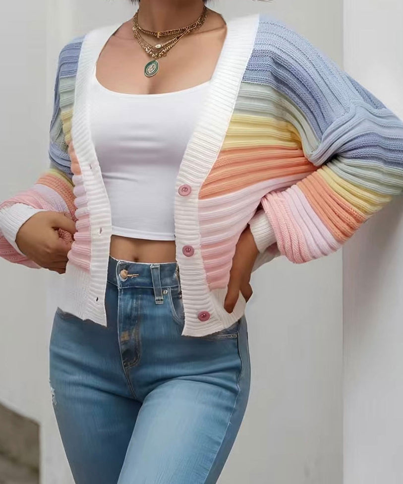 Rainbow Knitted Button Up Sweater