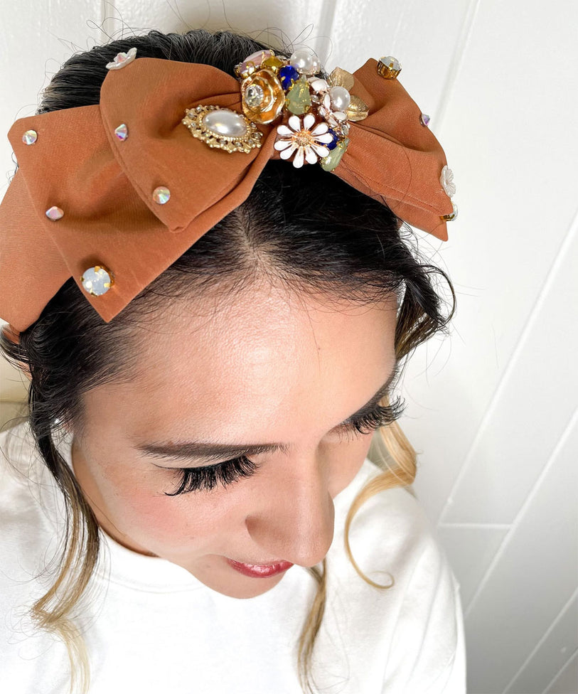 Antoinette Embellished Bow Headband - Mocha Color
