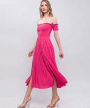 "Barbie Girl" Off Shoulder Smocked Slits Midi Dress - Hot Pink
