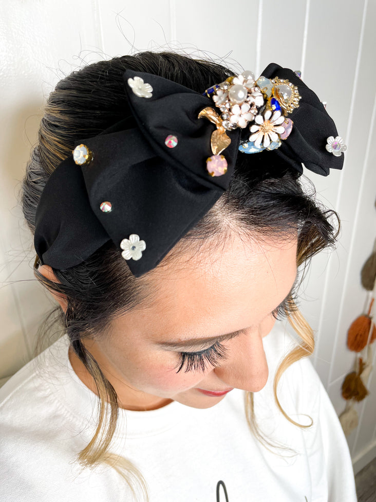 Antoinette Embellished Bow Headband - Black Color