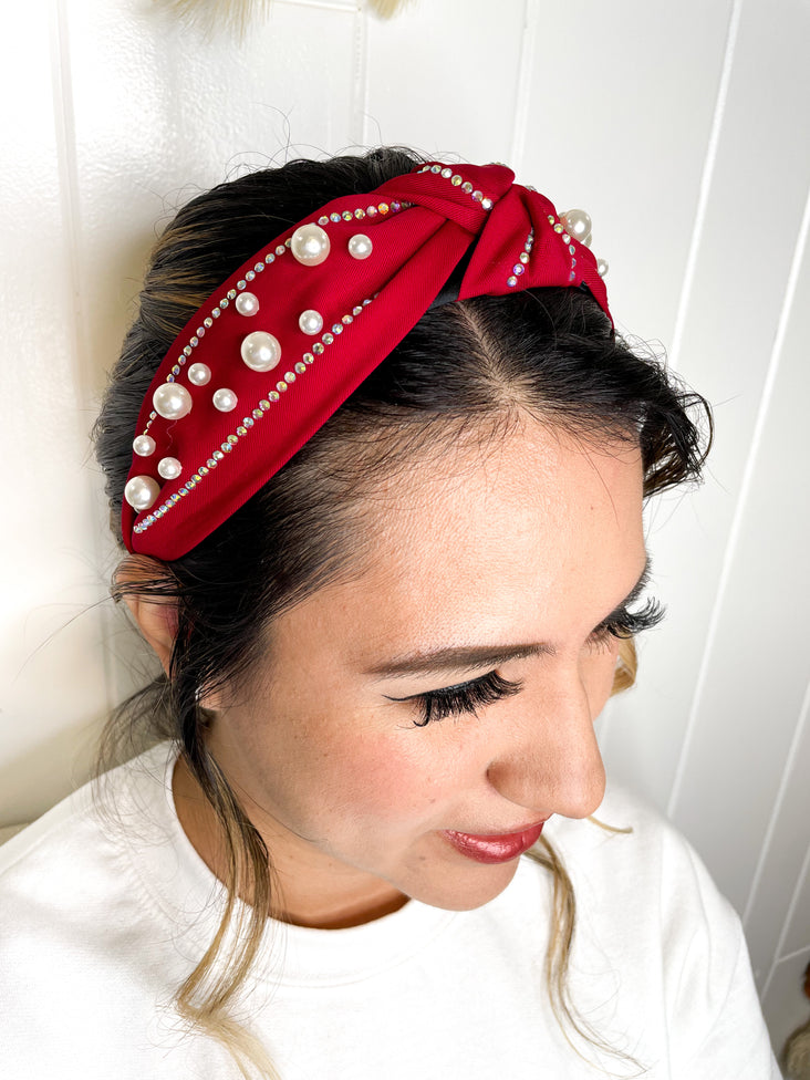 Elizabeth Embellished Center Knott Headband - Red Color and Pearls